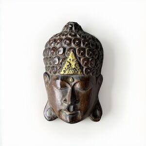 Vintage Hand Carved Wooden Buddha Head Wall Art Gold Crown Zen Boho Decor 12"